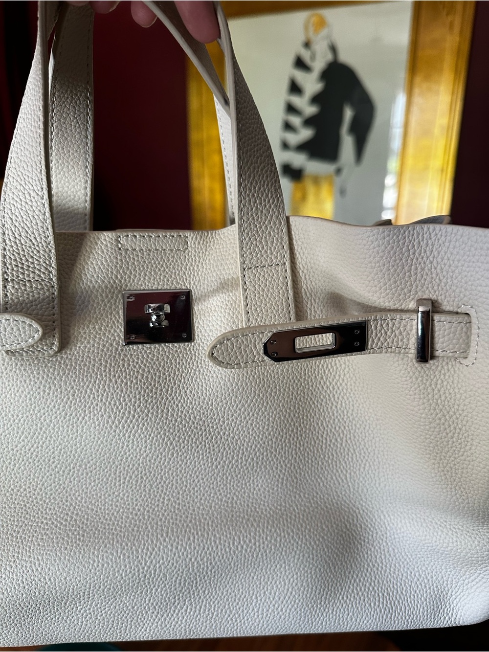 Birkin Top Handle Elegant Beige Leather Tote Bag Laptop Purse - Picture 4 of 6